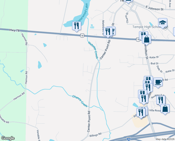 map of restaurants, bars, coffee shops, grocery stores, and more near 301 Walden Way in Temple