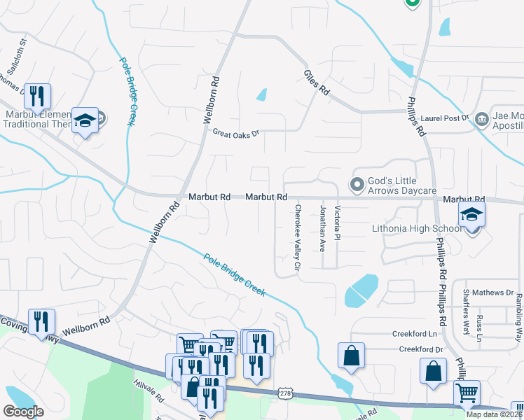 map of restaurants, bars, coffee shops, grocery stores, and more near 2128 Tiffany Lane in Lithonia