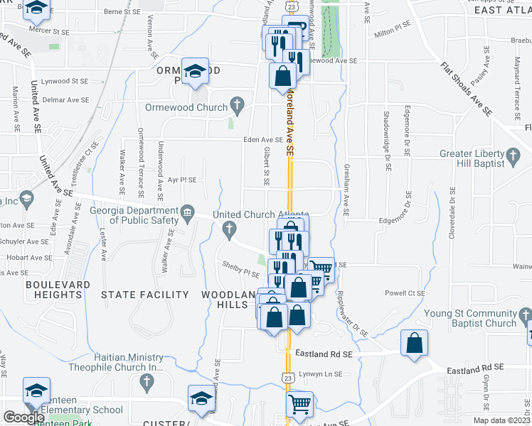 map of restaurants, bars, coffee shops, grocery stores, and more near Burns Street Southeast in Atlanta