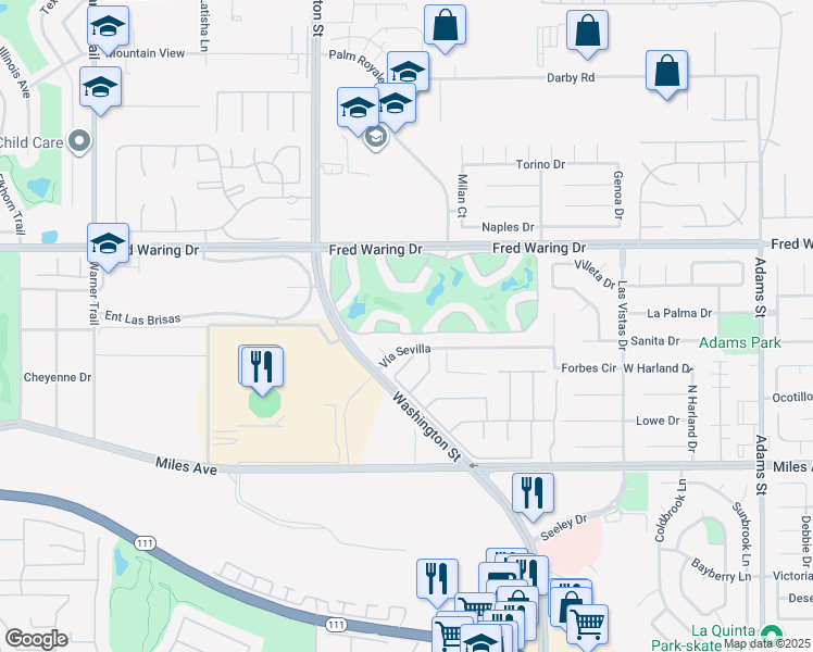 map of restaurants, bars, coffee shops, grocery stores, and more near 44410 Vía Del Sol in La Quinta