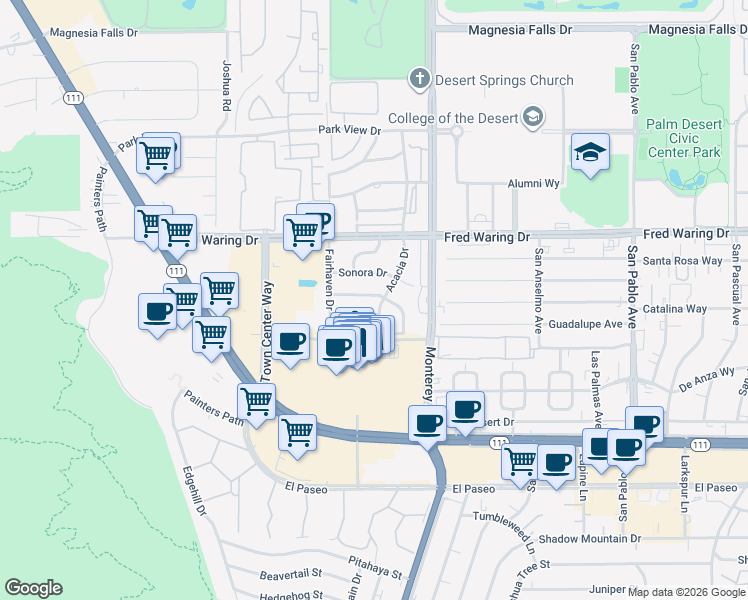 map of restaurants, bars, coffee shops, grocery stores, and more near 72831 Sierra Vista Drive in Palm Desert