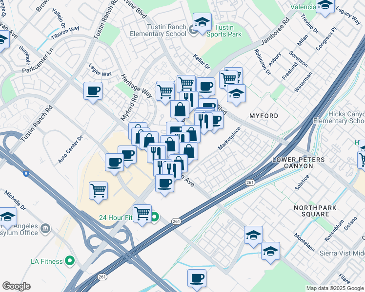 map of restaurants, bars, coffee shops, grocery stores, and more near 13384 Jamboree Road in Tustin