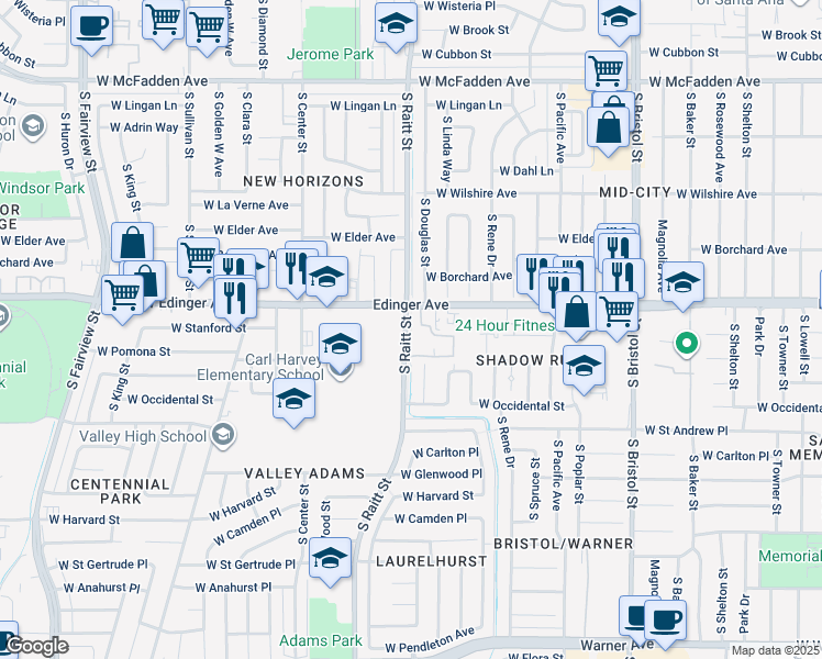 map of restaurants, bars, coffee shops, grocery stores, and more near 1531 South Raitt Street in Santa Ana