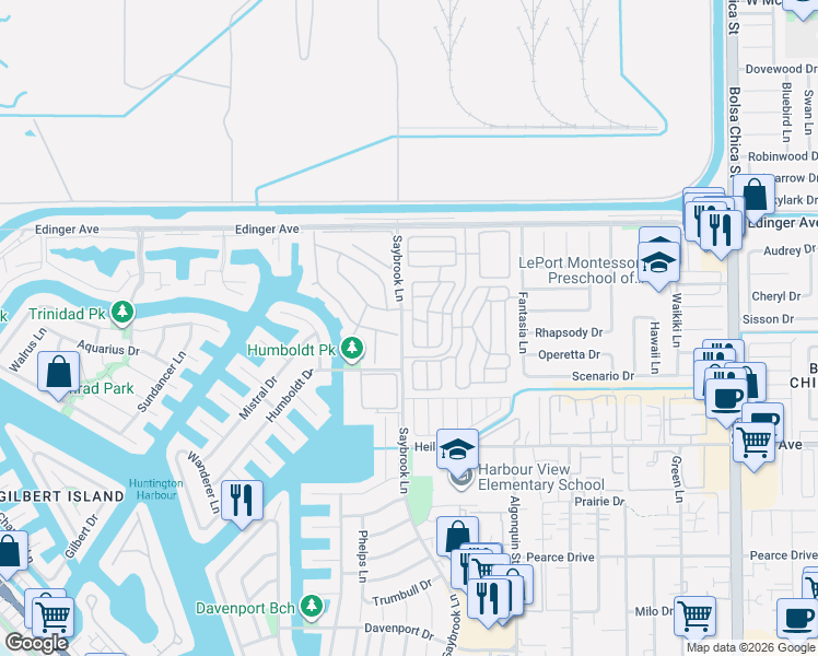 map of restaurants, bars, coffee shops, grocery stores, and more near 16241 Saybrook Lane in Huntington Beach