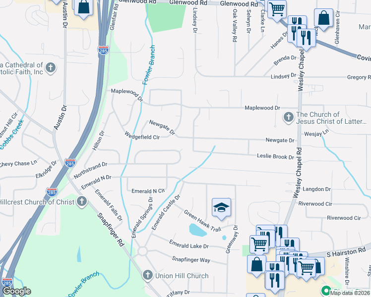 map of restaurants, bars, coffee shops, grocery stores, and more near 2174 Leslie Brook Drive in Decatur