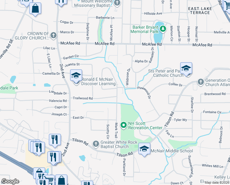 map of restaurants, bars, coffee shops, grocery stores, and more near 2183 Trailwood Road in Decatur