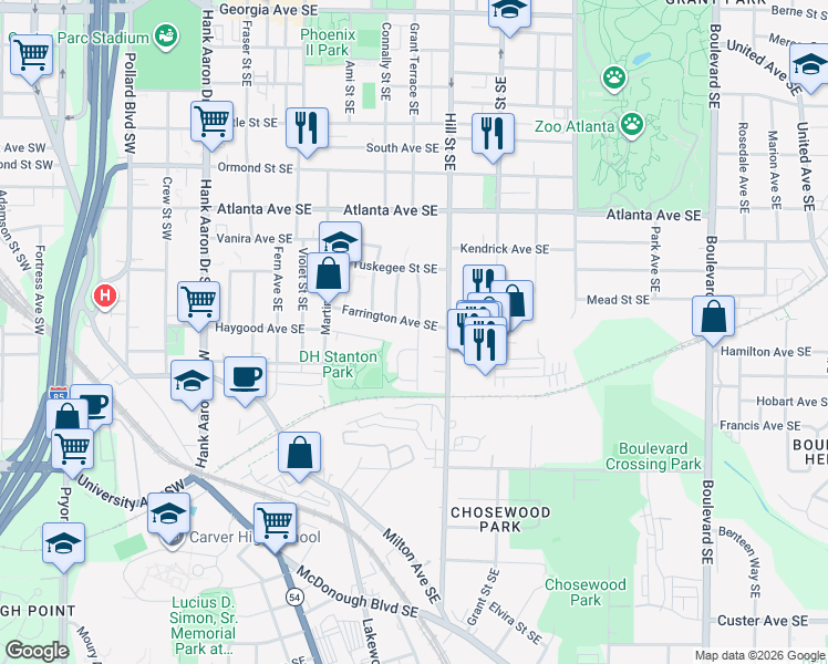 map of restaurants, bars, coffee shops, grocery stores, and more near 1038 Grant Terrace Southeast in Atlanta