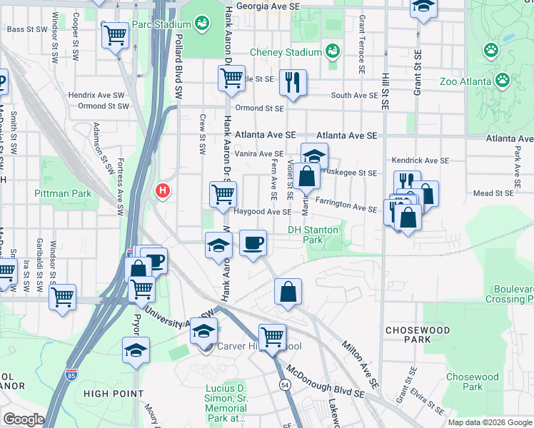 map of restaurants, bars, coffee shops, grocery stores, and more near 1043 Fern Avenue Southeast in Atlanta