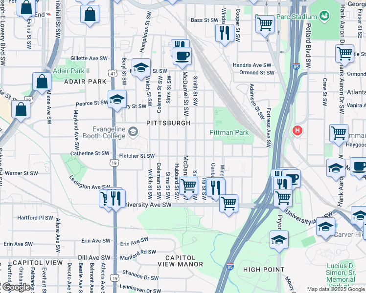 map of restaurants, bars, coffee shops, grocery stores, and more near 1045 McDaniel Street Southwest in Atlanta