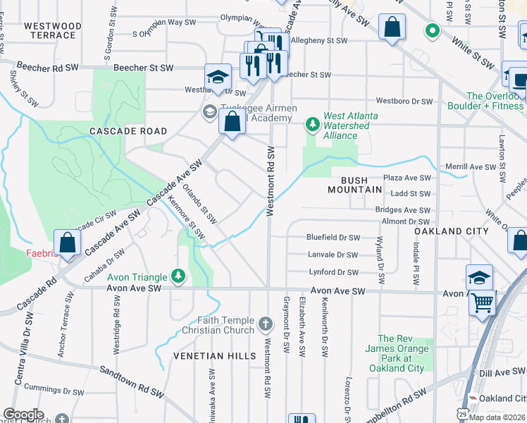 map of restaurants, bars, coffee shops, grocery stores, and more near 1065 Westmont Road Southwest in Atlanta