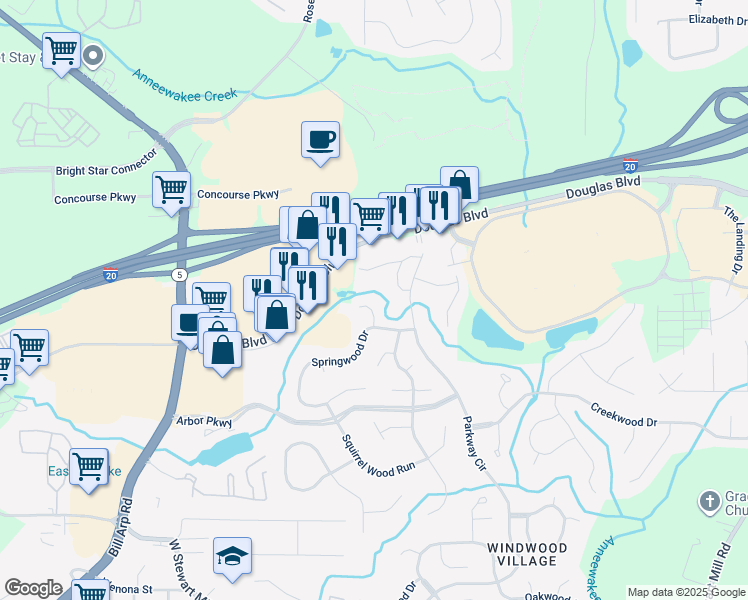 map of restaurants, bars, coffee shops, grocery stores, and more near 9438 Cedar Creek Place in Douglasville