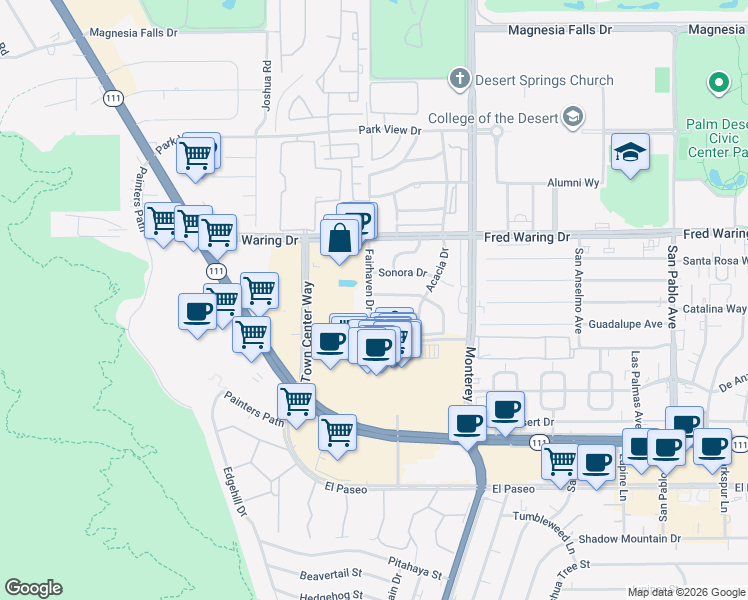 map of restaurants, bars, coffee shops, grocery stores, and more near 72758 Tampico Drive in Palm Desert