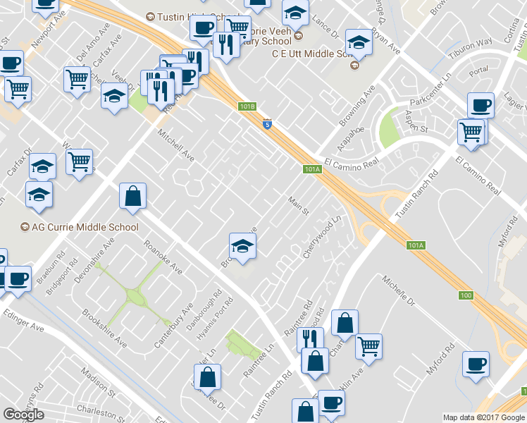 map of restaurants, bars, coffee shops, grocery stores, and more near 1981 Mitchell Avenue in Tustin