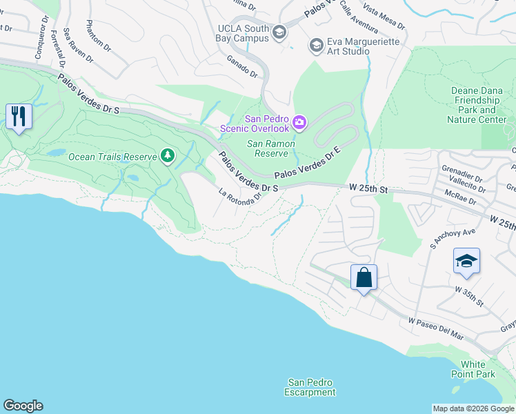 map of restaurants, bars, coffee shops, grocery stores, and more near 2990 Twin Harbors View Drive in Rancho Palos Verdes