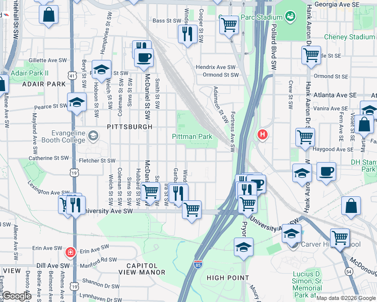 map of restaurants, bars, coffee shops, grocery stores, and more near 310 Delevan Street Southwest in Atlanta