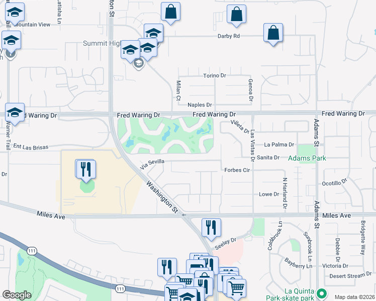 map of restaurants, bars, coffee shops, grocery stores, and more near 78347 Scarlet Court in La Quinta