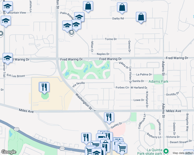 map of restaurants, bars, coffee shops, grocery stores, and more near 78347 Scarlet Court in La Quinta