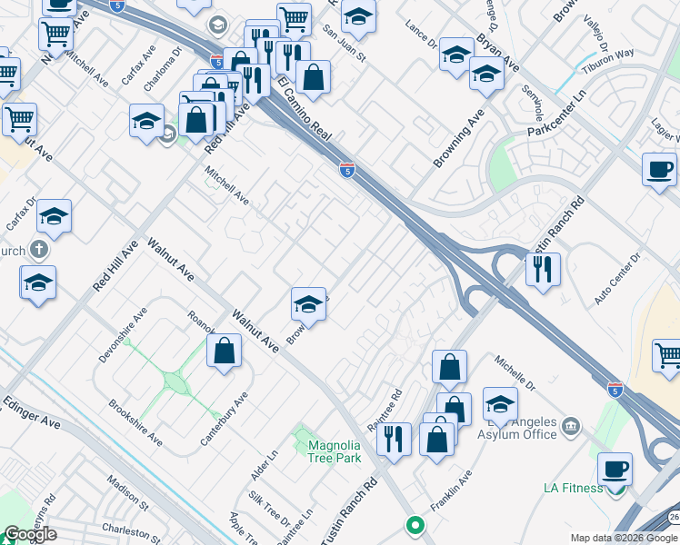 map of restaurants, bars, coffee shops, grocery stores, and more near 1981 Mitchell Avenue in Tustin