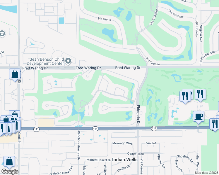 map of restaurants, bars, coffee shops, grocery stores, and more near 44824 Del Dios Circle in Indian Wells