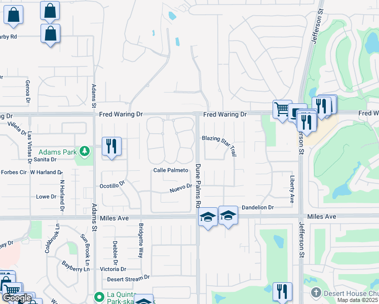 map of restaurants, bars, coffee shops, grocery stores, and more near 79421 Horizon Palms Circle in La Quinta