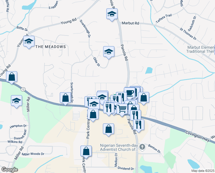 map of restaurants, bars, coffee shops, grocery stores, and more near 2235 Mulsanne Drive in Lithonia