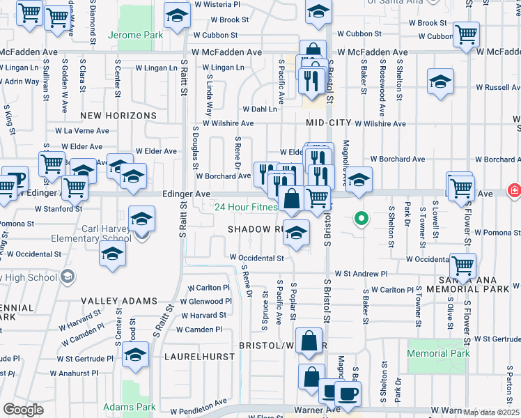 map of restaurants, bars, coffee shops, grocery stores, and more near 1539 West Stanford Street in Santa Ana