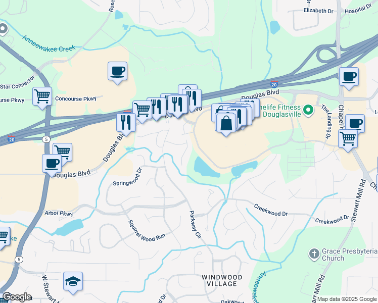 map of restaurants, bars, coffee shops, grocery stores, and more near 6835 Lakewood Terrace in Douglasville