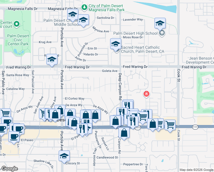 map of restaurants, bars, coffee shops, grocery stores, and more near 44376 Hazel Canyon Lane in Palm Desert
