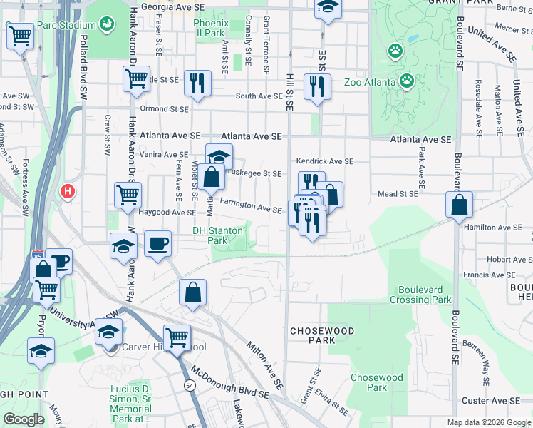 map of restaurants, bars, coffee shops, grocery stores, and more near 1038 Grant Terrace Southeast in Atlanta