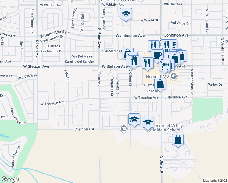 map of restaurants, bars, coffee shops, grocery stores, and more near 1258 Turquoise Street in Hemet