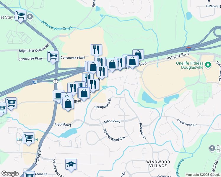 map of restaurants, bars, coffee shops, grocery stores, and more near 9434 Cedar Creek Place in Douglasville