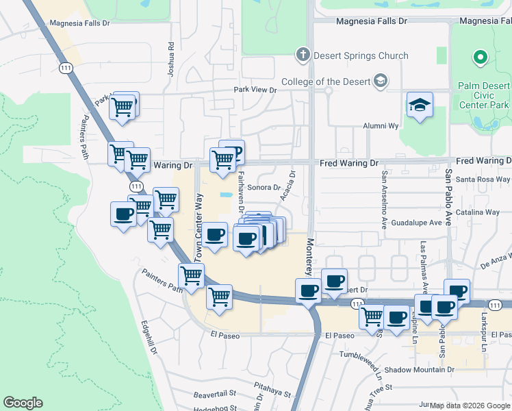 map of restaurants, bars, coffee shops, grocery stores, and more near 72753 Sierra Vista Drive in Palm Desert