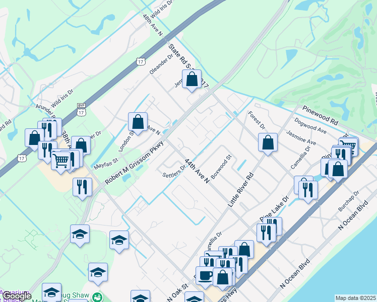 map of restaurants, bars, coffee shops, grocery stores, and more near 830 44th Avenue North in Myrtle Beach
