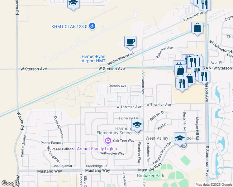 map of restaurants, bars, coffee shops, grocery stores, and more near 1295 South Cawston Avenue in Hemet