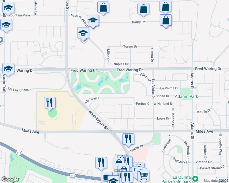 map of restaurants, bars, coffee shops, grocery stores, and more near 78347 Scarlet Court in La Quinta