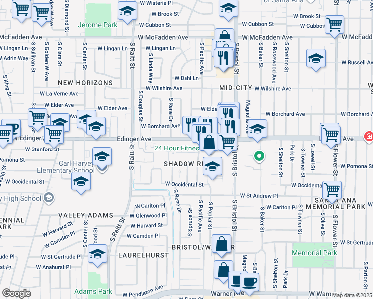 map of restaurants, bars, coffee shops, grocery stores, and more near 1539 West Stanford Street in Santa Ana