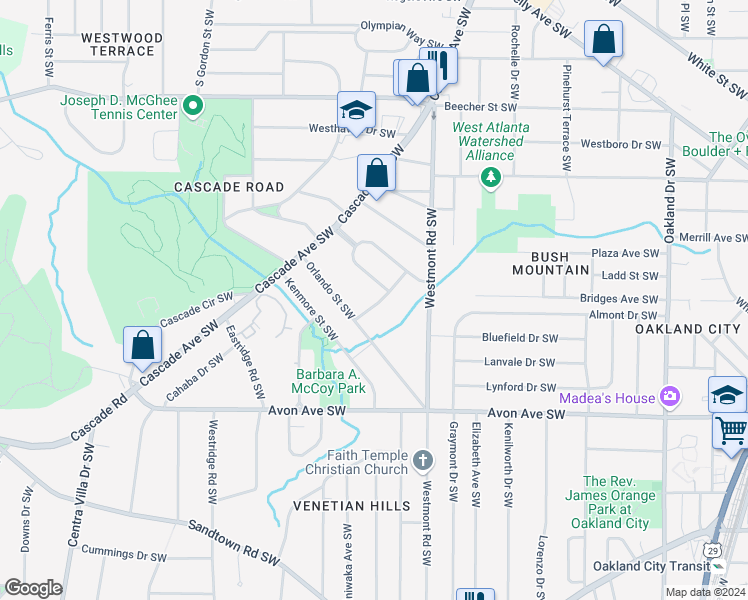 map of restaurants, bars, coffee shops, grocery stores, and more near 1065 Orlando Place Southwest in Atlanta