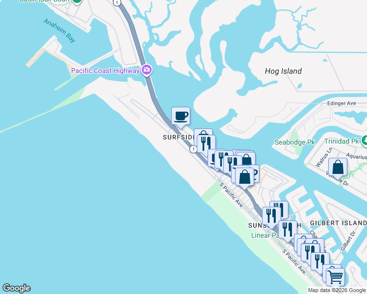 map of restaurants, bars, coffee shops, grocery stores, and more near 47 Surfside Avenue in Seal Beach