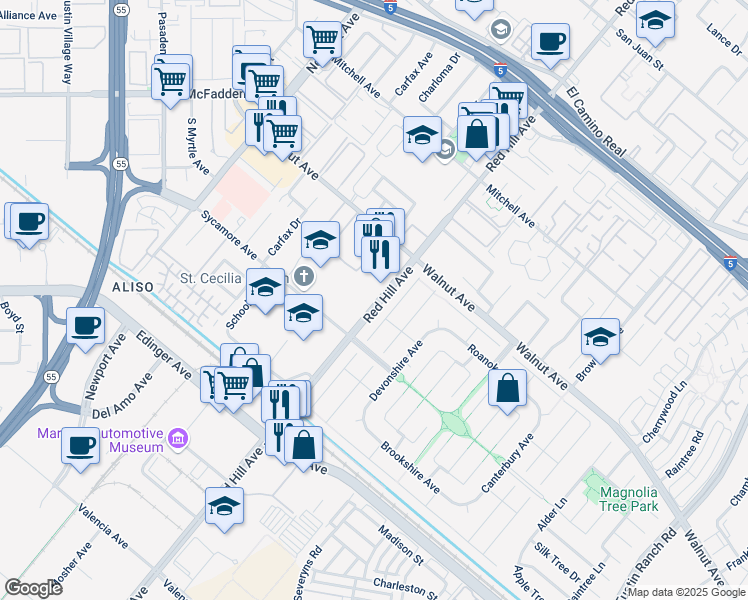 map of restaurants, bars, coffee shops, grocery stores, and more near 14632 Westfall Road in Tustin