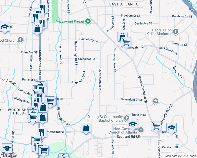 map of restaurants, bars, coffee shops, grocery stores, and more near 2193 Cloverdale Drive Southeast in Atlanta