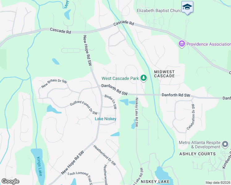 map of restaurants, bars, coffee shops, grocery stores, and more near 4500 Danforth Road Southwest in Atlanta