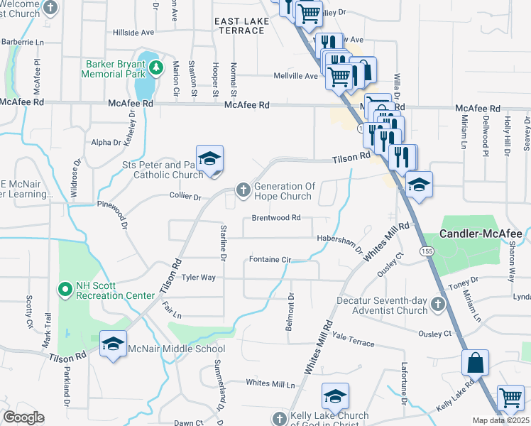 map of restaurants, bars, coffee shops, grocery stores, and more near 2497 Brentwood Road in Decatur