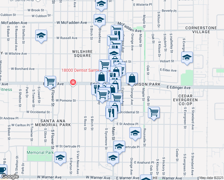 map of restaurants, bars, coffee shops, grocery stores, and more near 1609 South Sycamore Street in Santa Ana