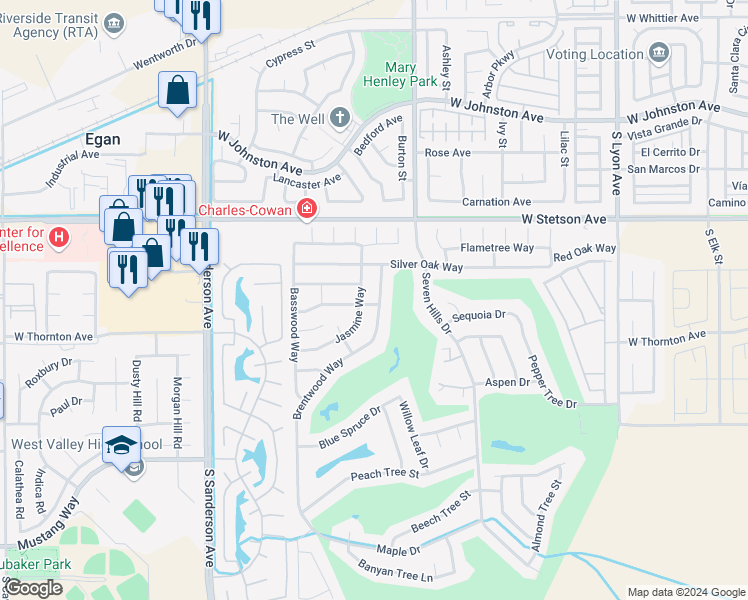 map of restaurants, bars, coffee shops, grocery stores, and more near 1255 Brentwood Way in Hemet