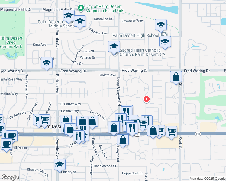 map of restaurants, bars, coffee shops, grocery stores, and more near 44375 Kings Canyon Lane in Palm Desert