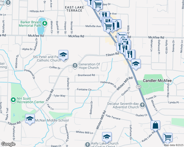 map of restaurants, bars, coffee shops, grocery stores, and more near 2526 Brentwood Road in Decatur