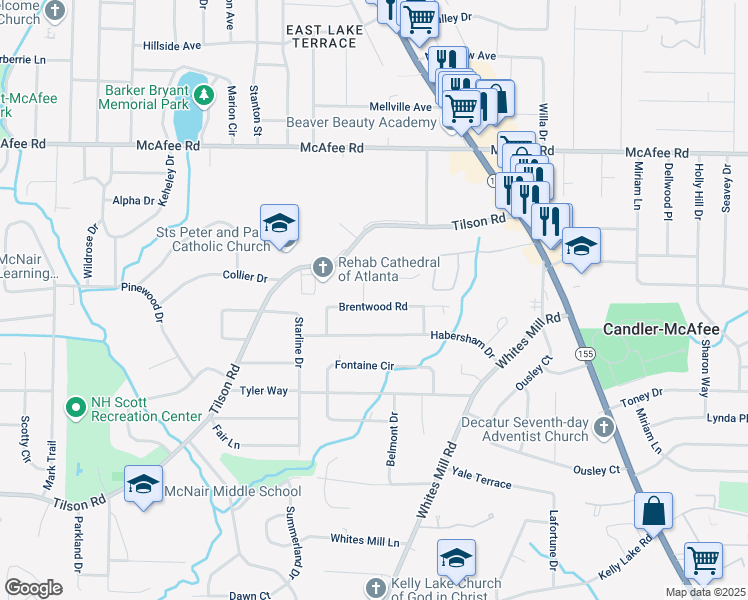 map of restaurants, bars, coffee shops, grocery stores, and more near 2504 Brentwood Road in Decatur