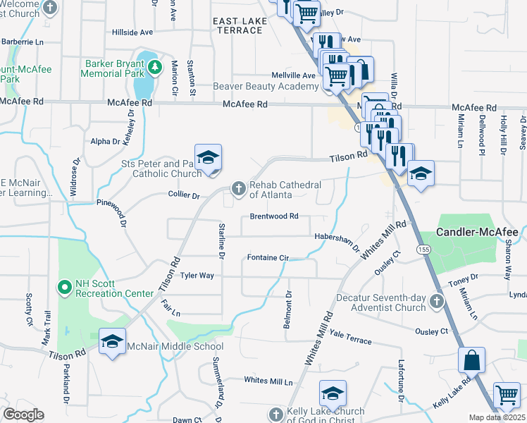 map of restaurants, bars, coffee shops, grocery stores, and more near 2490 Brentwood Road in Decatur