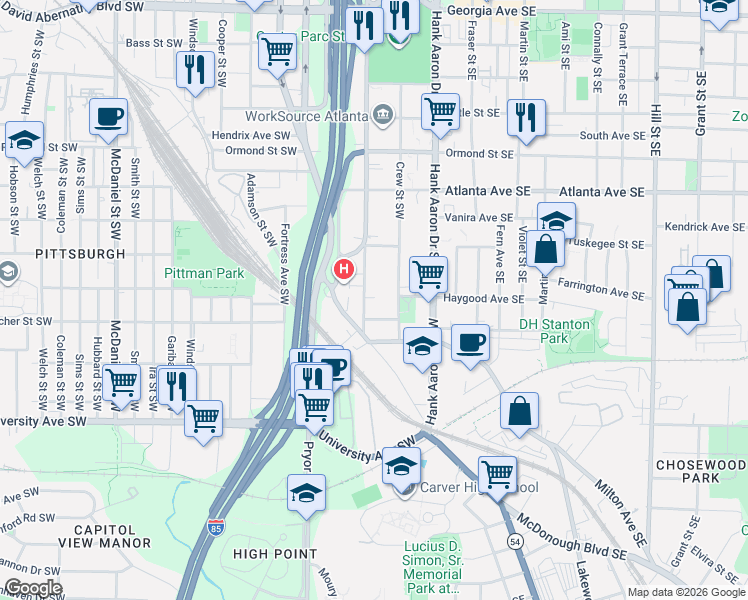 map of restaurants, bars, coffee shops, grocery stores, and more near 1034 Washington Street Southwest in Atlanta