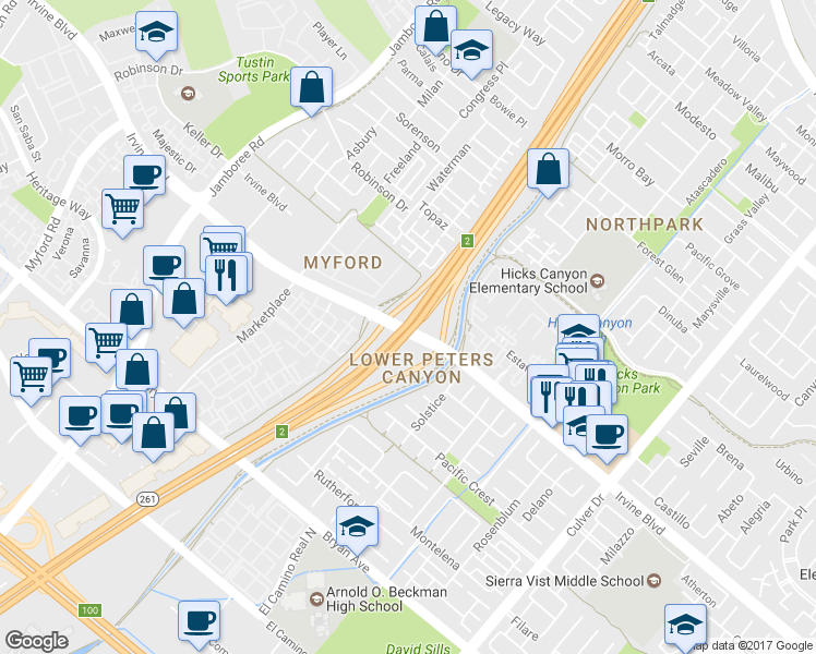 map of restaurants, bars, coffee shops, grocery stores, and more near 3500 Irvine Boulevard in Irvine